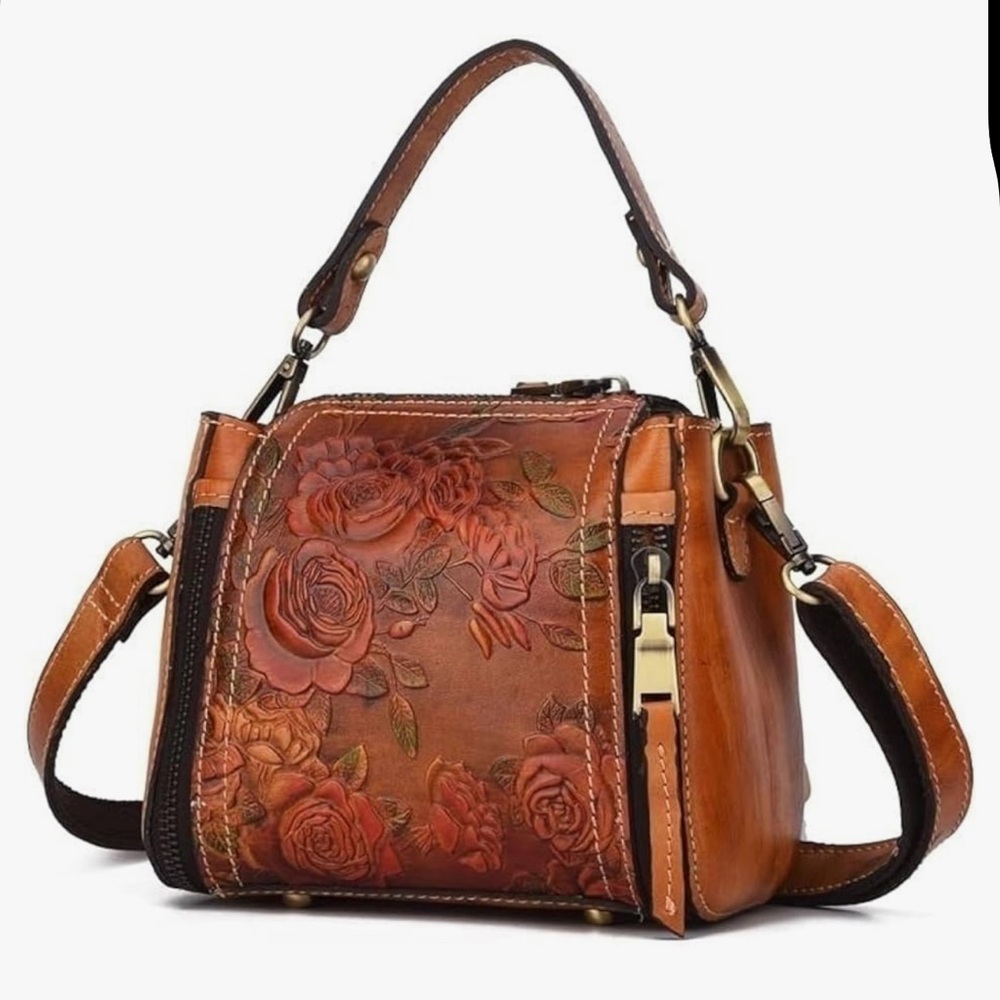 Floral Embossed Leather Handbag - Brown